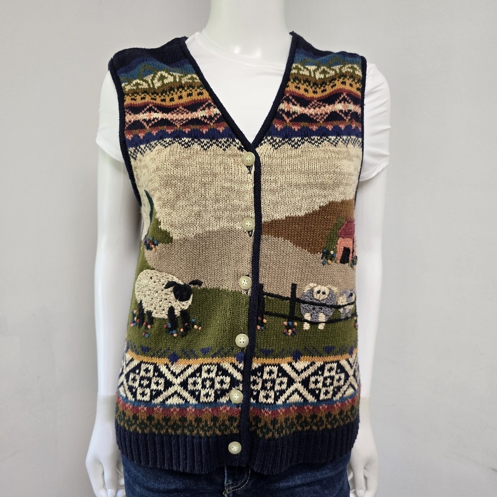 Gina Peters Cardigan Sweater Vest Size M Farm Pastoral Scene Knit Vintage Button